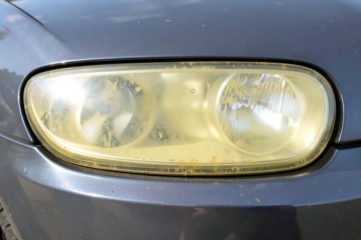 Headlight lens before restoration, yellowed and hazy