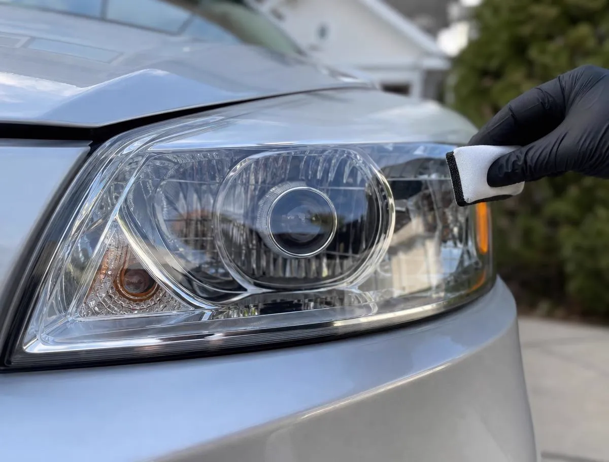 Ceramic coating being applied to a clear headlight lens