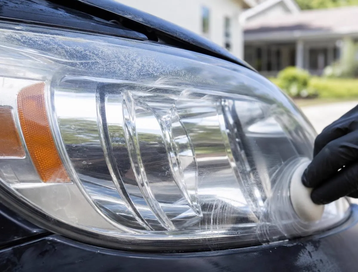 Technician wet sanding a headlight lens